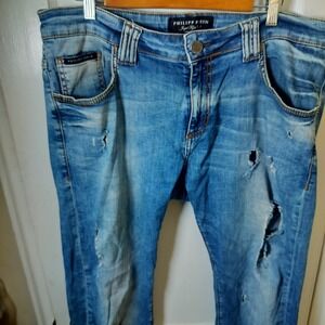 Philipp Plein Illegal Fight Straight Cut Distressed Blue Jeans Mens Light Wash